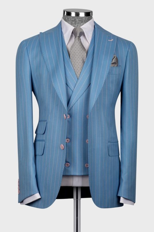 CH Gentlemen Blue Three Piece Pinstripe Business Suit with Waistcoat