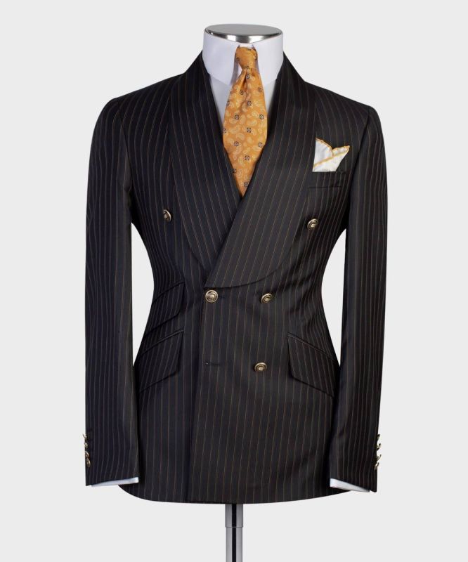 Mens Two Button Double Breasted Shawl Lapel Slim Fit Black And Gold Suit main image 0