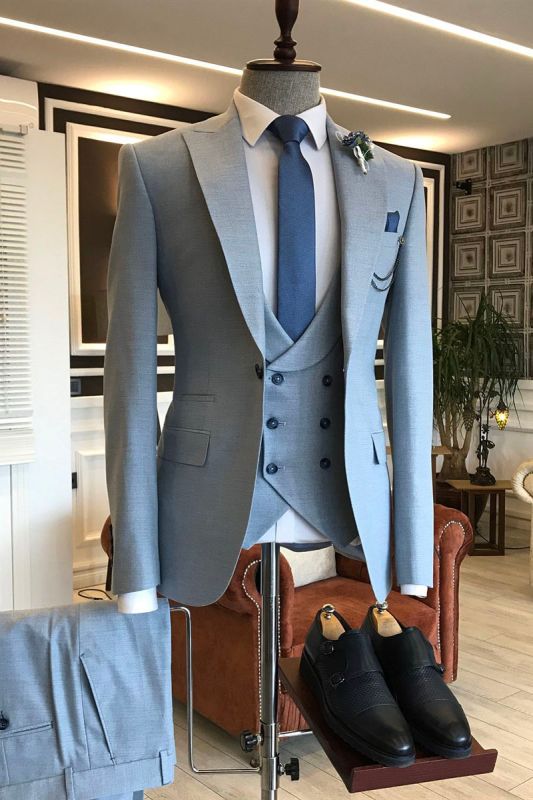 Dick Unique Blue Three Piece Double Breasted Vest Men Slim Fit Suit