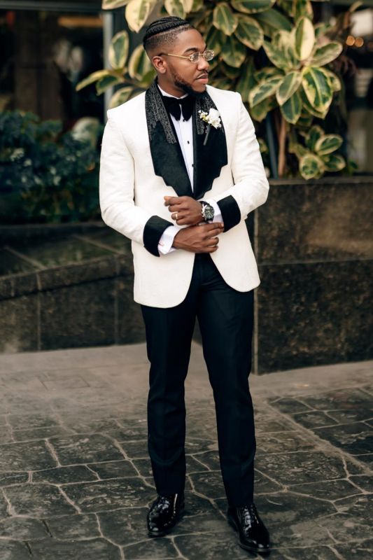 Harper Fashionable White Jacquard Shawl Collar Tuxedo Mbellished With Beading