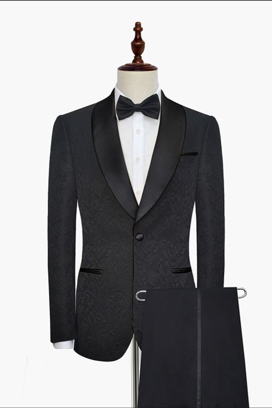 Mens Classic Black Jacquard Wedding Tuxedo |  Shawl Lapel Silk One Button Wedding Suit