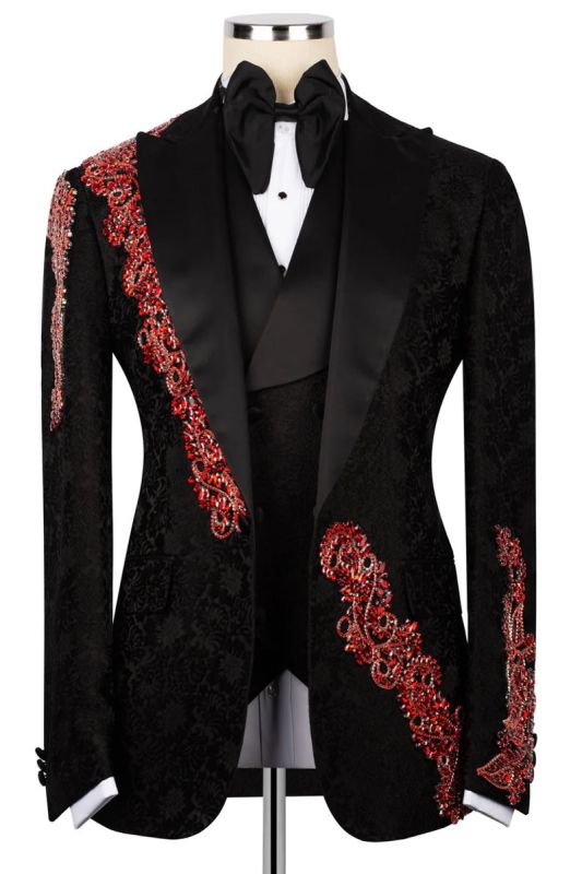 Black Jacquard Three Piece Tuxedo with Red Beaded Embroidery | Bradymensuit