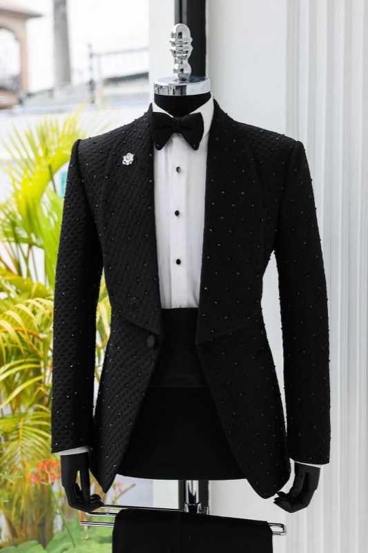 Black Shawl Lapel Waffle Plaid Three Pieces Prom Suits With Rhinestones