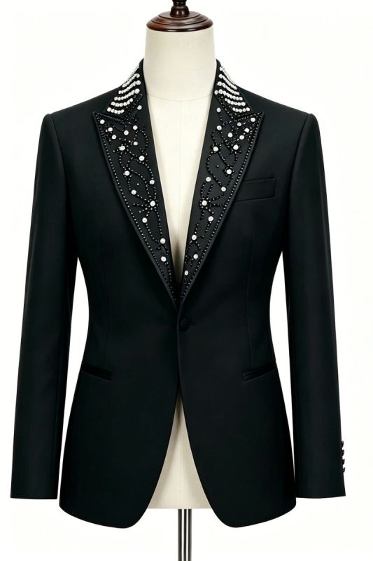 Black Hand Beaded Peak Lapel Tuxedo Jacket Men Formal Wedding Party Blazer Coat