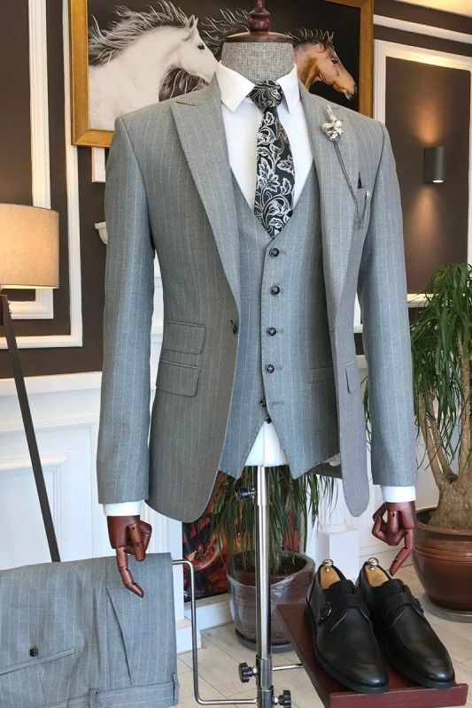 Mark Three Piece Peak Lapel Gray Striped Business Men Suits | Three Piece Twill Suit