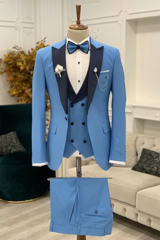 Exquisite Slim Fit Men Peak Collar Blue Groom Three Piece Suit