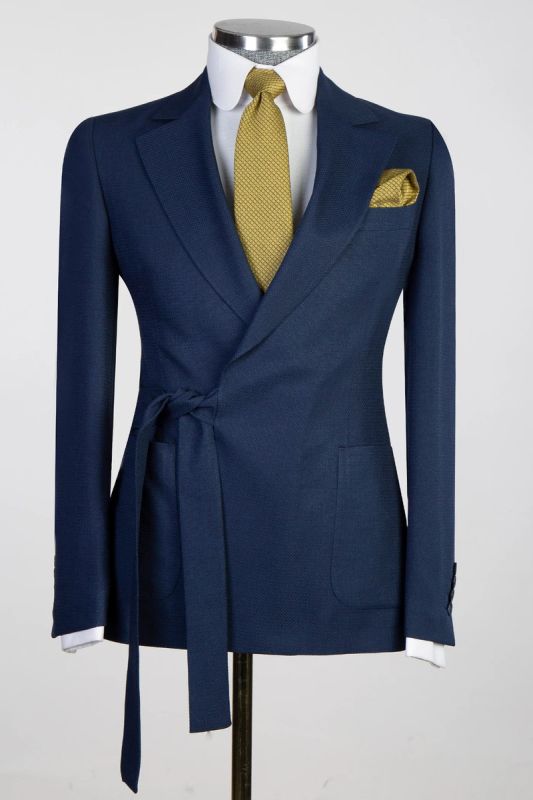 Dark Blue Open Collar Mens Two Piece Prom Suit | Adjustable Belt