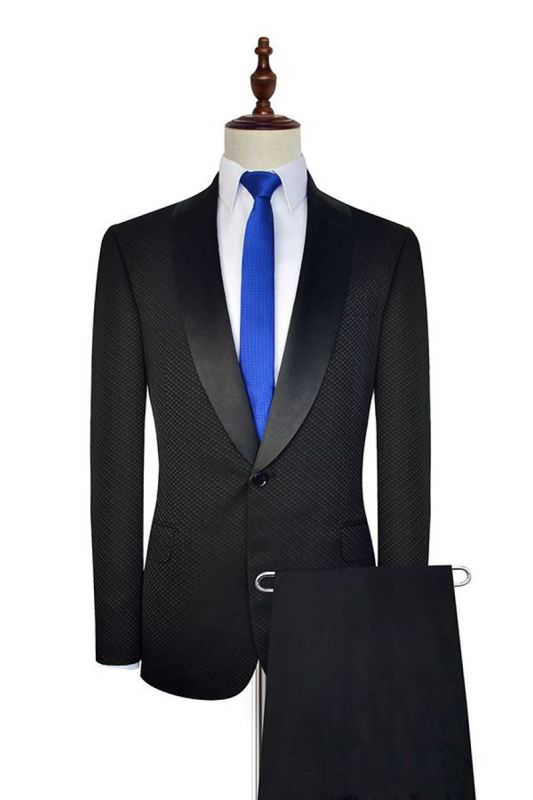 Unique Small Check Jacquard Groom Wedding Suit |  Black Mens Prom Suit