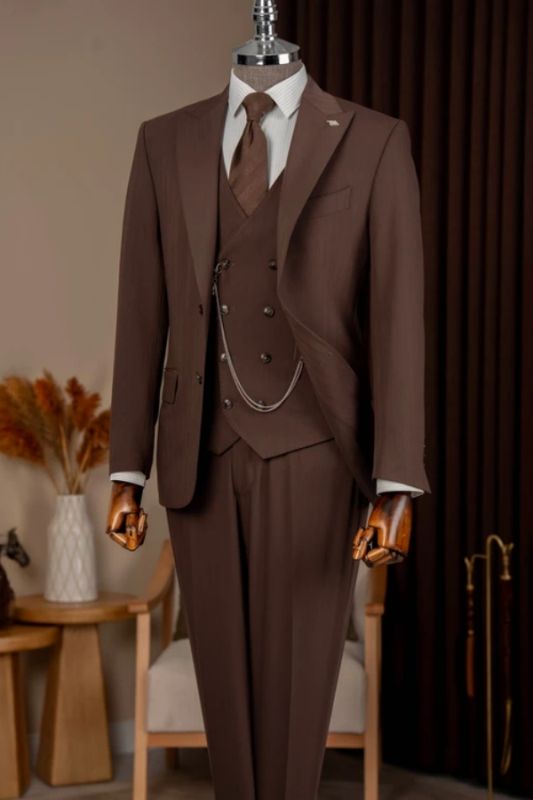 Brown Pinstripe Three Piece Suit Men Custom Double Breasted Vest Formal Suit For Wedding Business Prom