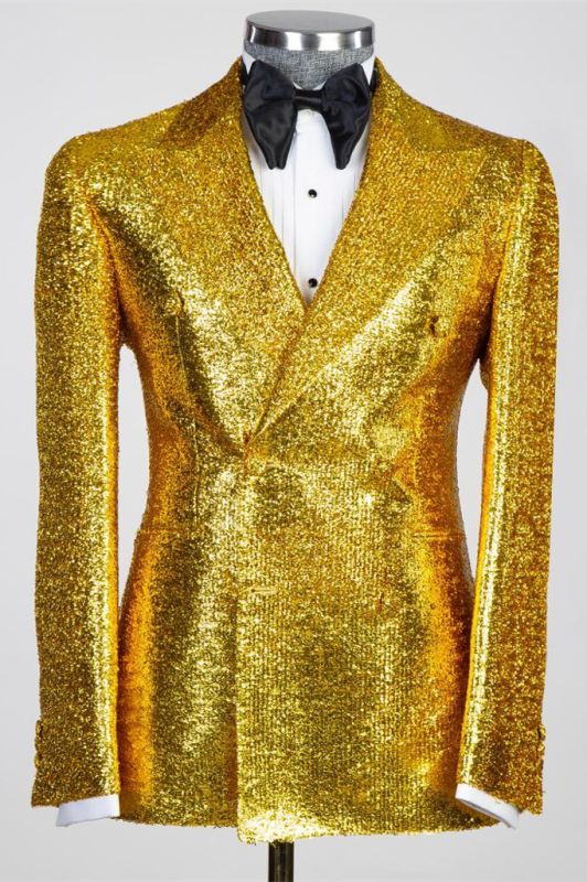 Gold Sequins Peaked Lapel Double Breasted Two Pieces Prom Suits