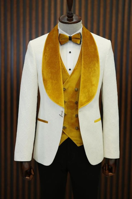 Brady Yellow Velvet Shawl Lapel Jacquard Mens Slim Three Piece Tuxedo Suit