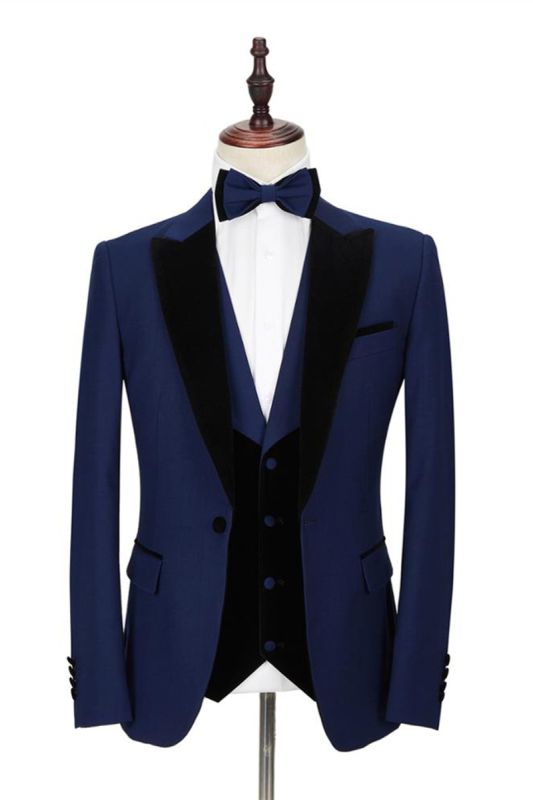 Dark Blue Peak Lapel Men Wedding Suit | Velvet Lapel Formal Suit