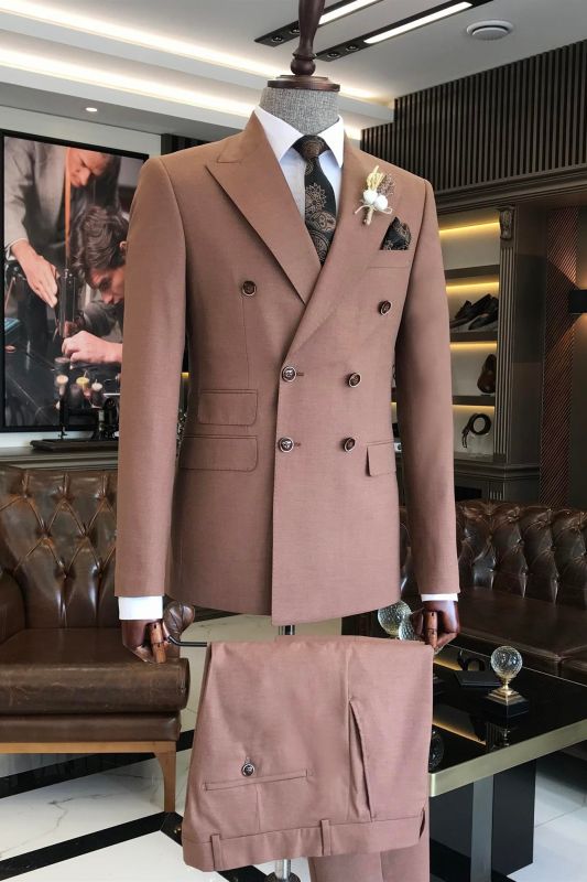 Slim Fit Brown Peak Lapel Double Breasted Wedding Two Piece Suit
