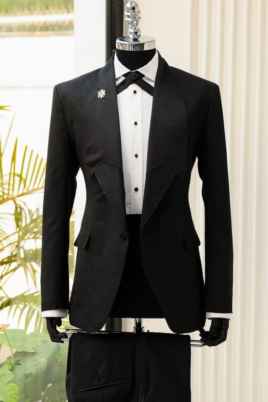 Black Jacquard Tuxedo Suit for Men Slim Fit Shawl Lapel Formal Suit Set