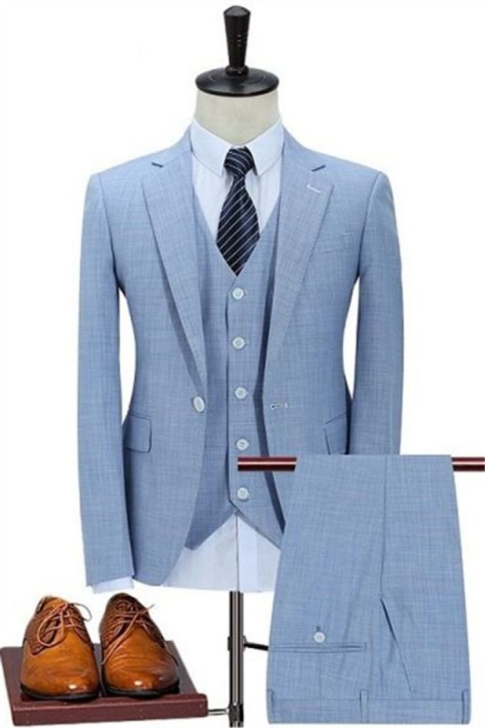 Classic Sky Blue Business Mens Suit | Mens Notched Lapel Slim Fit Tuxedo