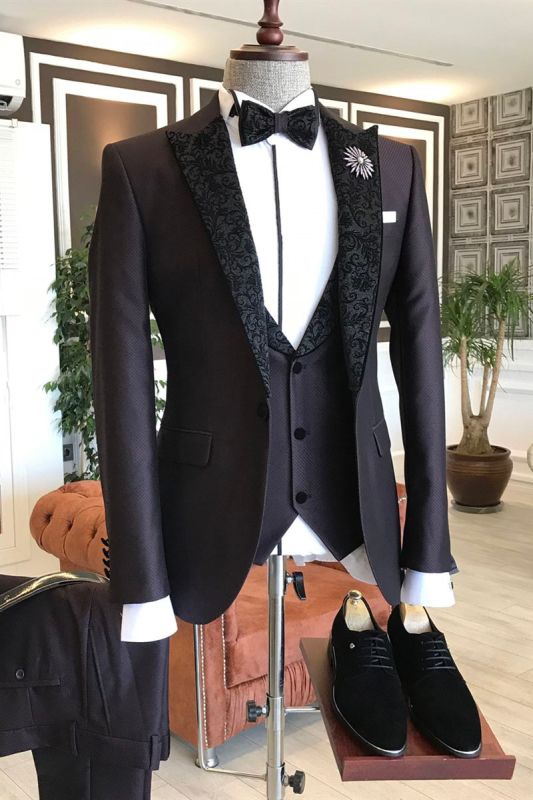 Matthew 3 Piece Black Jacquard Point Lapel Custom Mens Business Suit