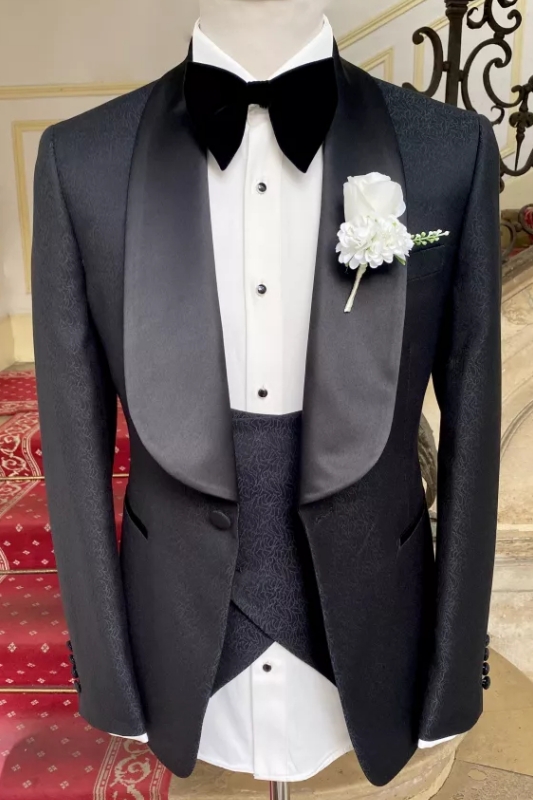 Classic Black Jacquard Three-Piece Mens Wedding Suit