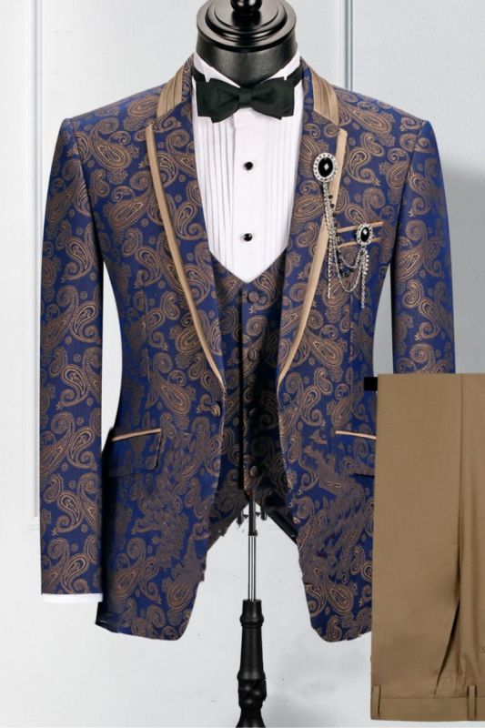 James Blue And Gold Cashew Flower Men Three Piece Prom Dinner Suit