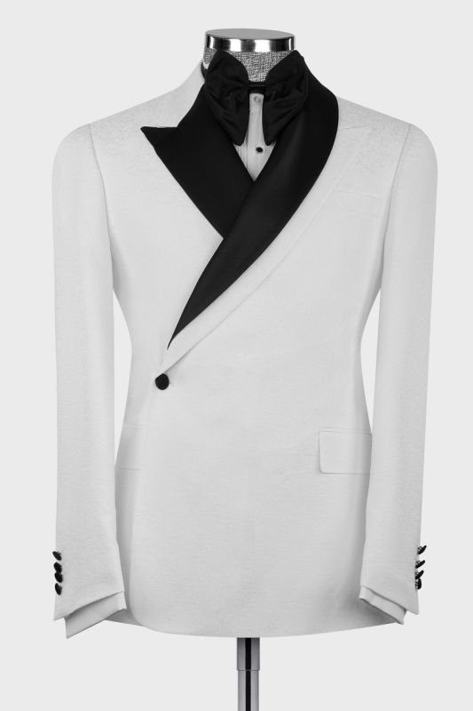 Gordon Men’s White Double-Breasted Jacquard Tuxedo Jacket with Black Satin Lapel for Formal Events