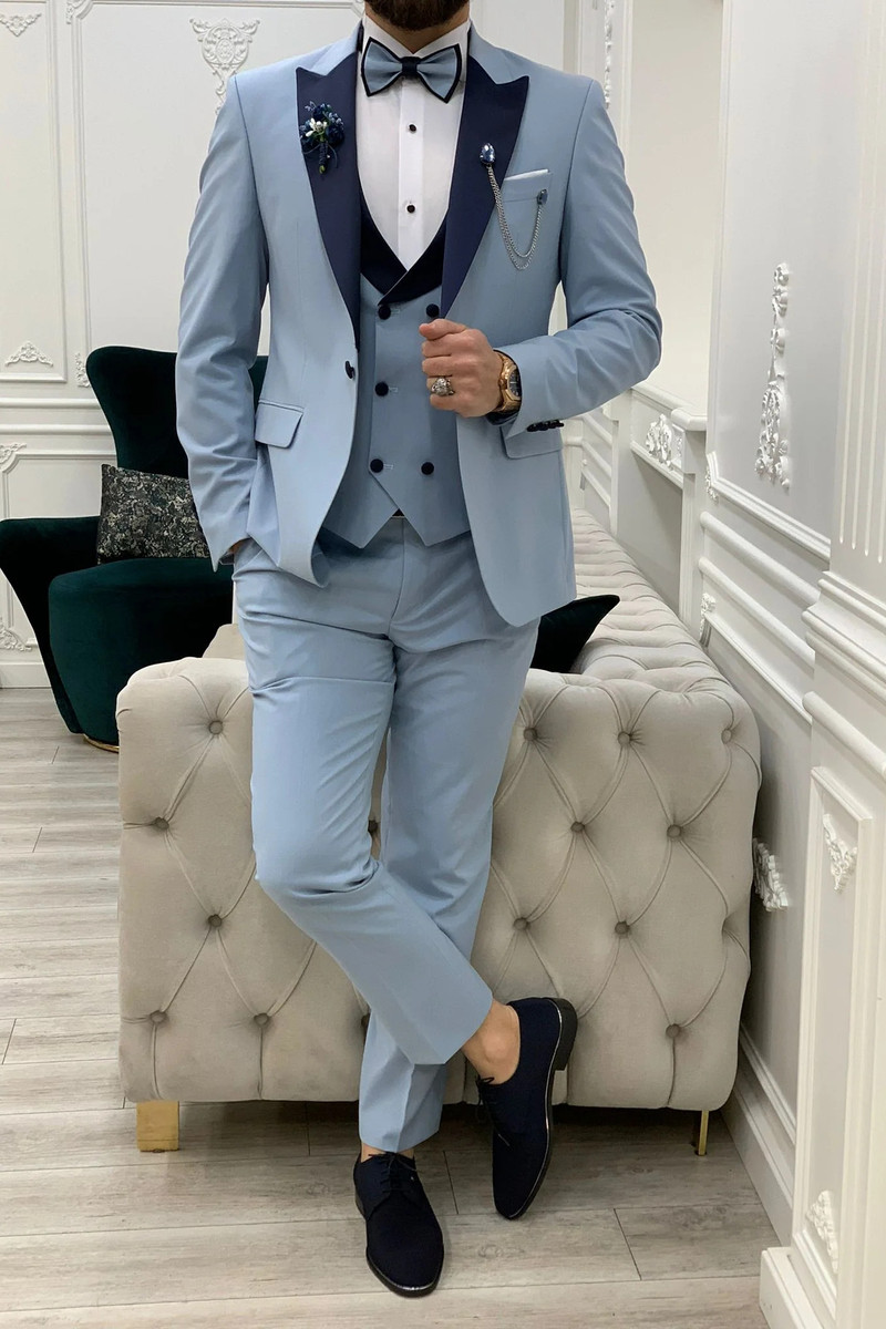 Modern Ice Blue Slim Peak Collar Three Piece Tuxedo