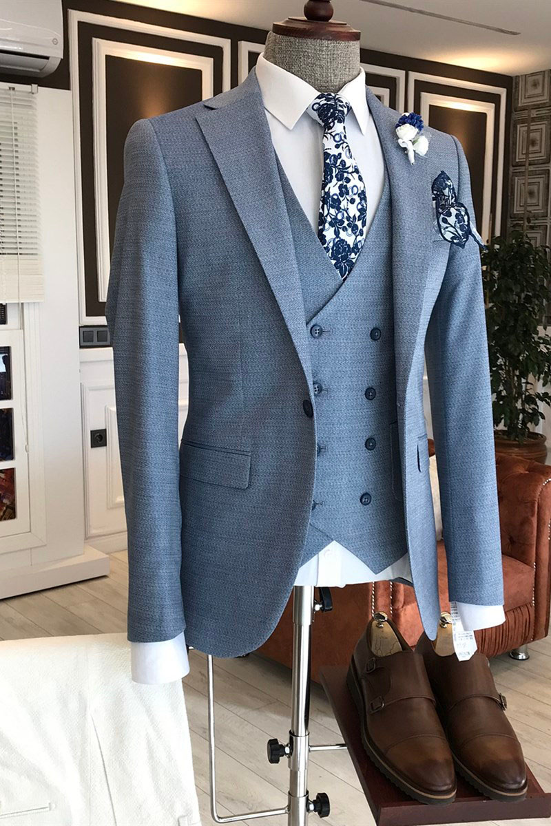 Popular Blue Plaid Notched Lapel Double Breasted Vest Custom Business Suit
