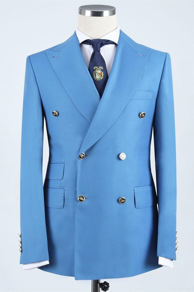 Formal Blue Double-Breasted Point Collar Business Suit