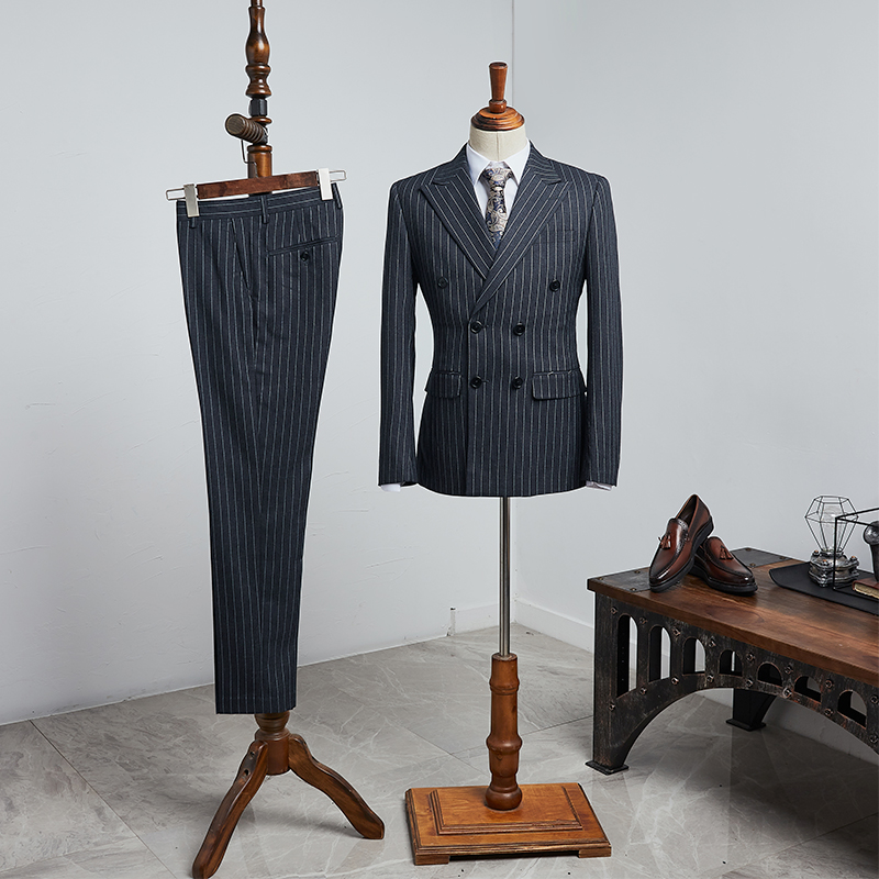 Bradley Formal Black Striped Point Lapel Double-Breasted Tailored Business Suit