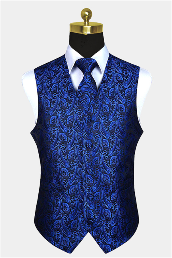 Stylish Silk Royal Blue And Black Men Tuxedo Paisley Vest Set