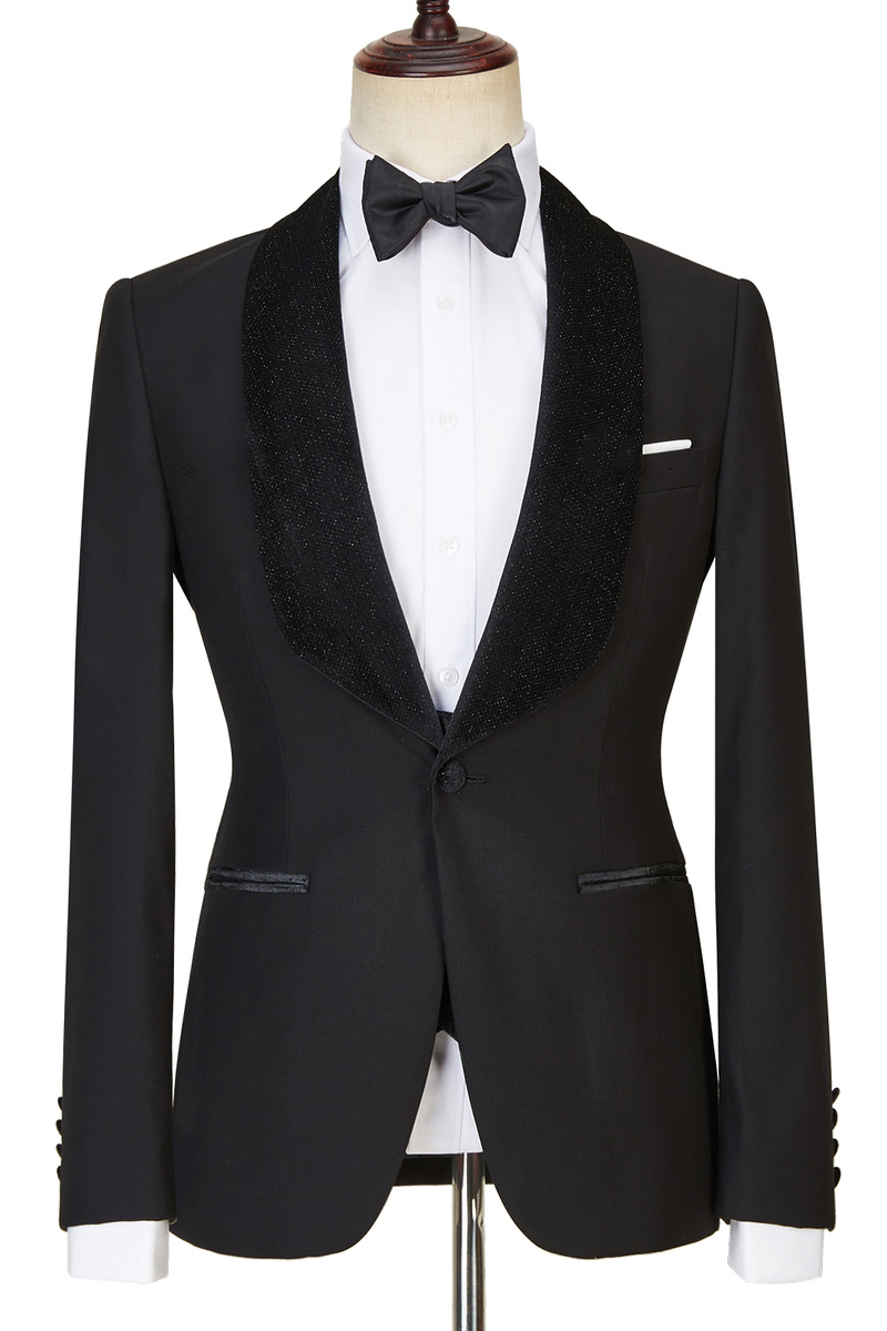 Jose Modern Three-Piece Black Shawl Lapel Sparkling Wedding Suit