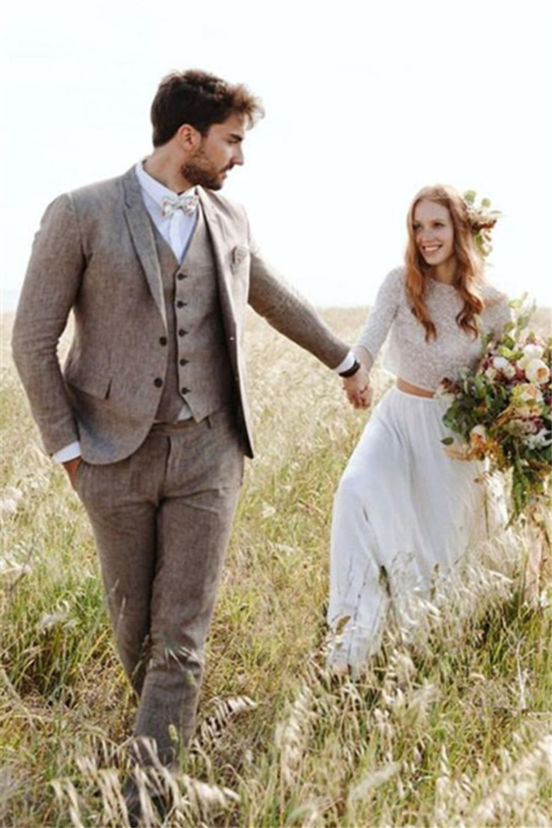Khaki Linen Summer Beach Classic Suit Three-Piece Groom Wedding Tuxedo