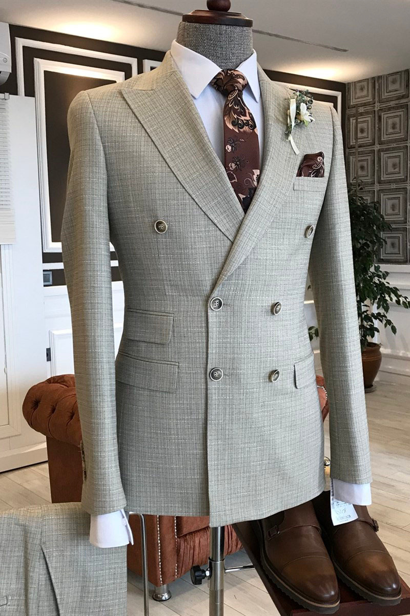 Reg Formal Light Grey Small Check Lapel Double Breasted Business Suit