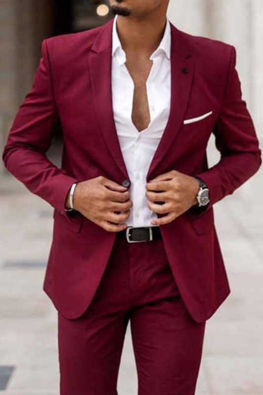 Brent Burgundy Notched Lapel Slim Fit Men Prom Suit