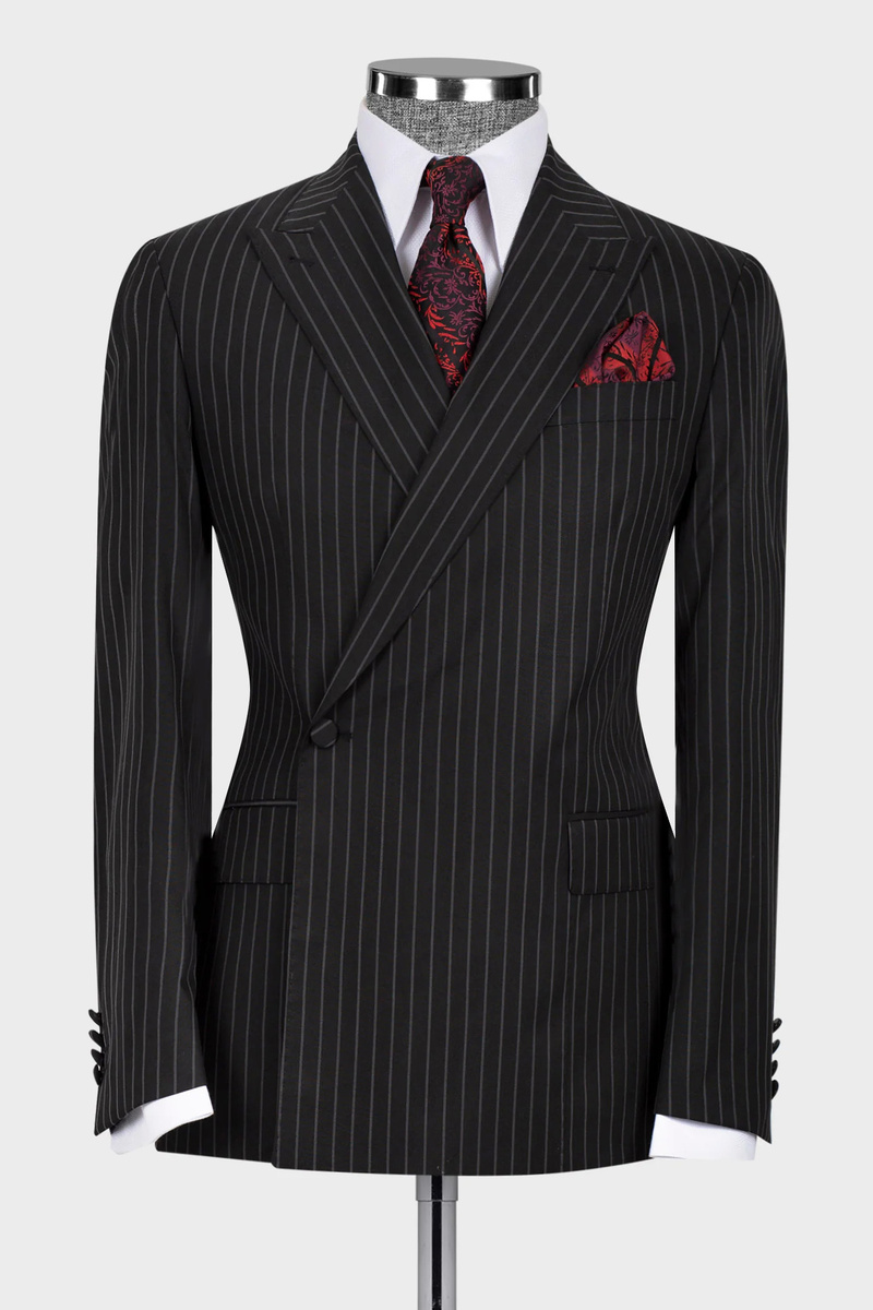 Black Striped One-Button Peak Collar Business Suit