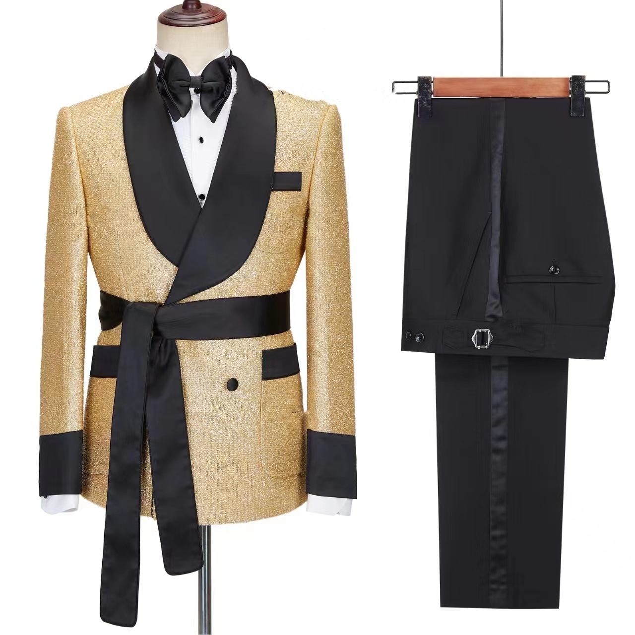Shine Gold Yellow Men's Robe Set with Shawl Collar Belted Party and Prom Suit