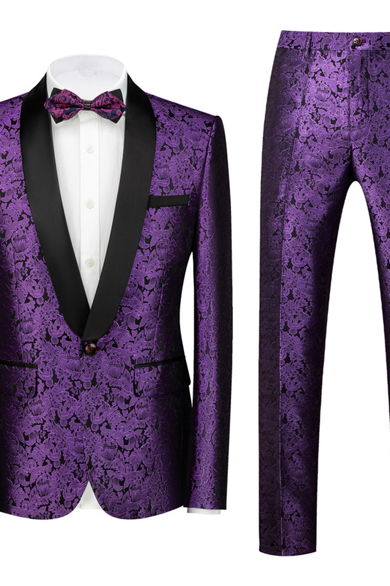 Joel Purple Jacquard Slim Fit Wedding Suit with Black Lapel
