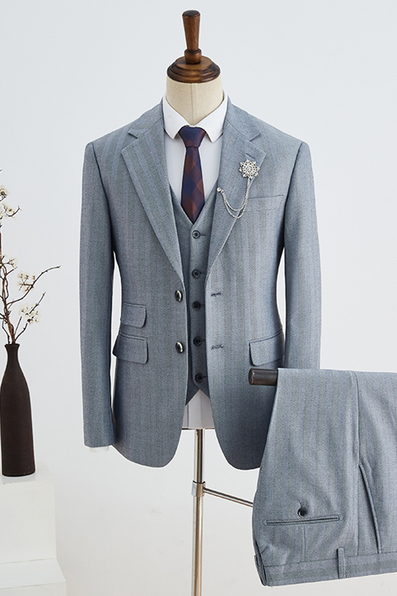 Cedric Formal Grey Striped Three Piece Notched Lapel Slim Fit Tailored Business Suit