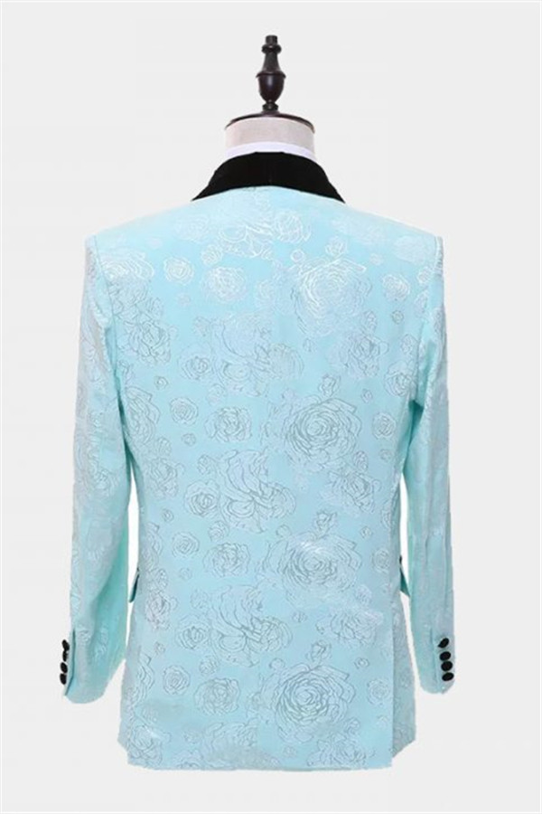 Floral Turquoise Tuxedo With Shawl Lapel Three Pieces Prom Suits
