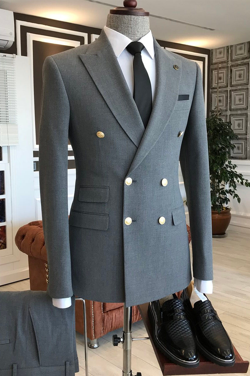 Les Stylish Dark Grey Pointed Lapel Double Breasted Slim Fit Suit