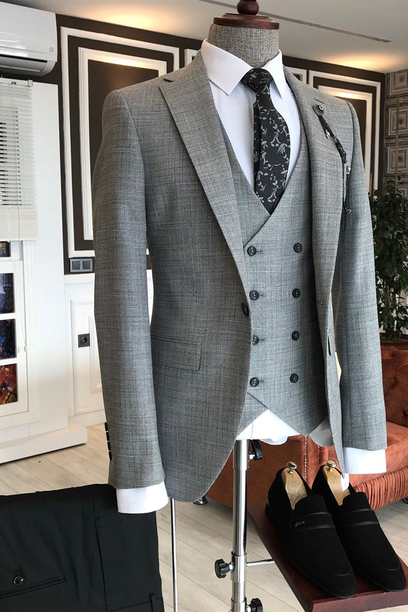 Regular Grey Plaid Three Piece Notched Lapel One Button Formal Suit