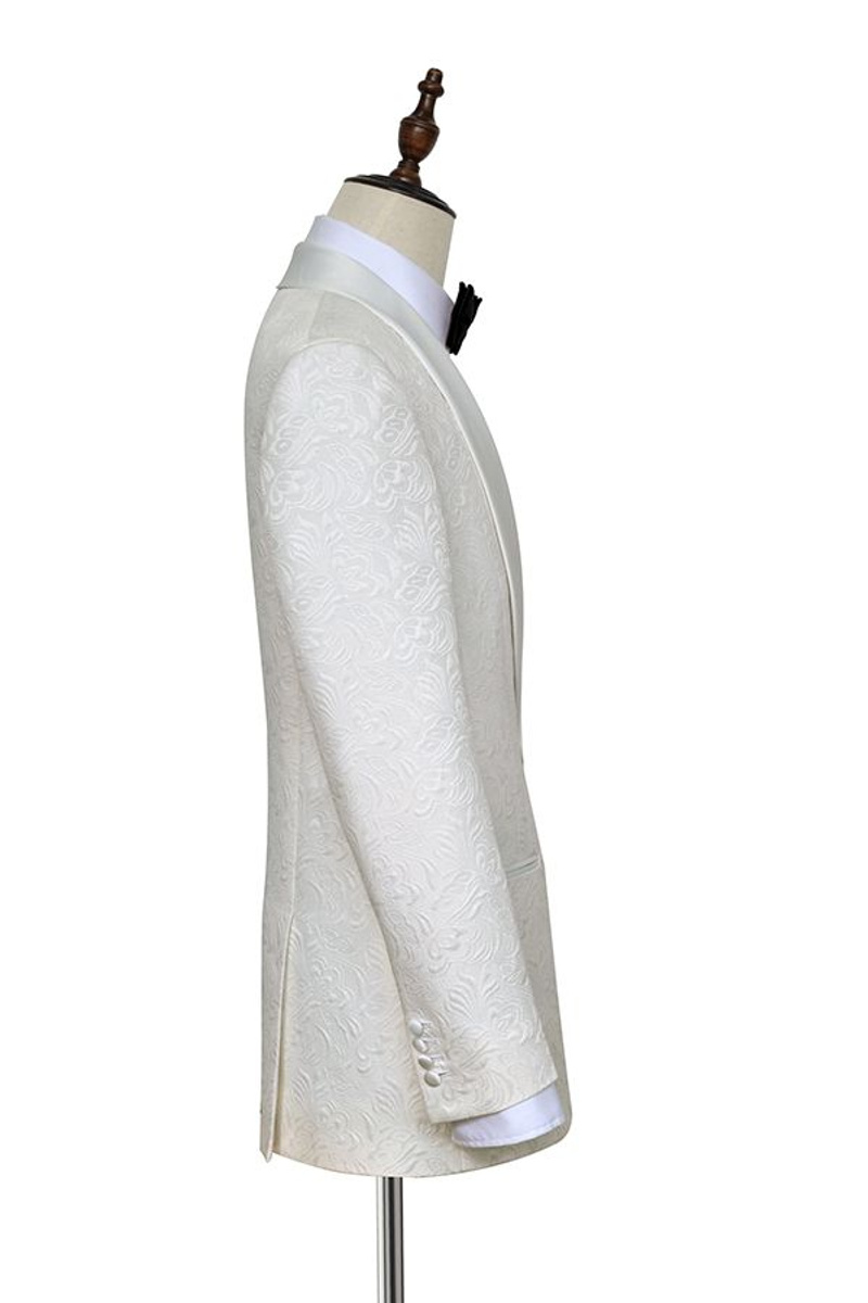 Trendy Jacquard White Tuxedo Silk Shawl Lapel One-Button Wedding Suit