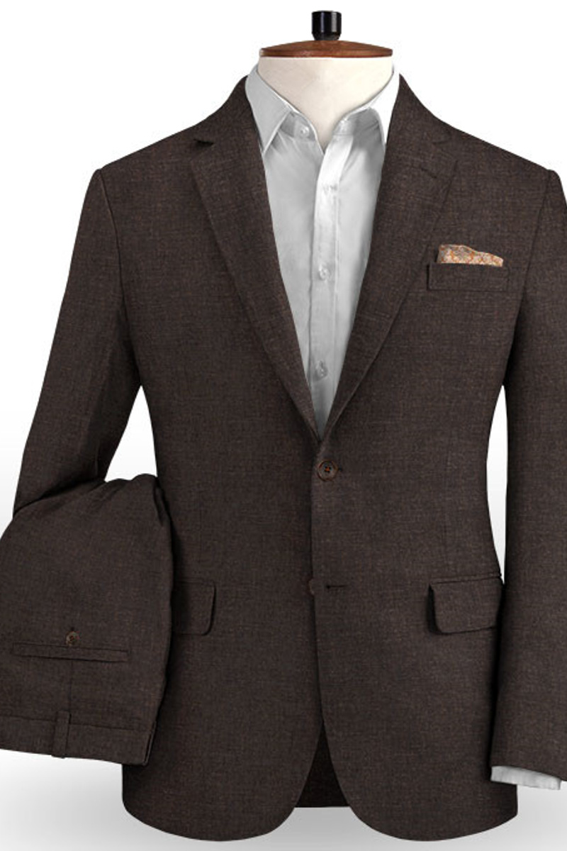Brown Slim Fit Tuxedo with Bangs Two-Piece Linen Business Suit