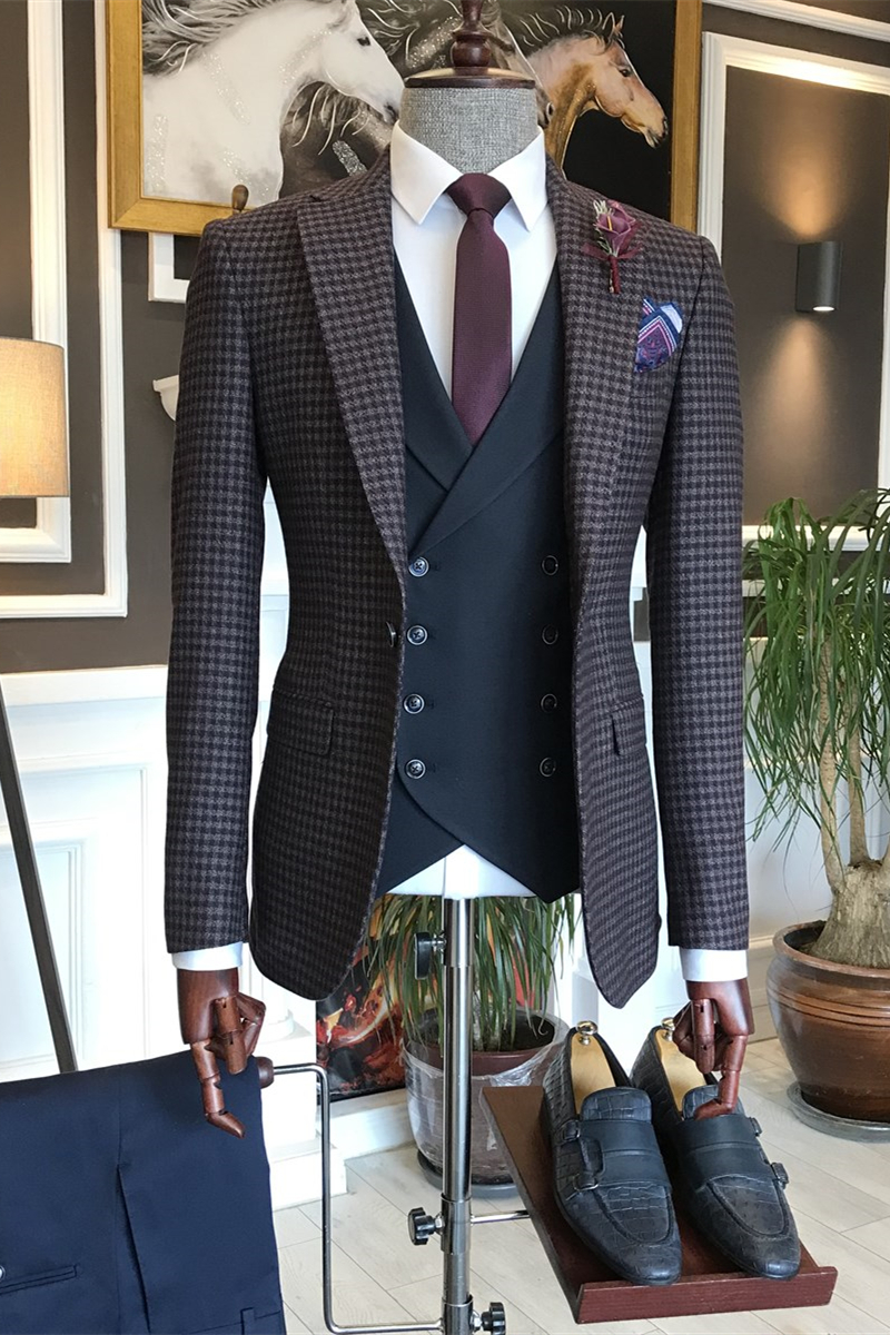 Craig Newest Plaid Peaked Lapel Three-Piece Business Suit with Black Vest