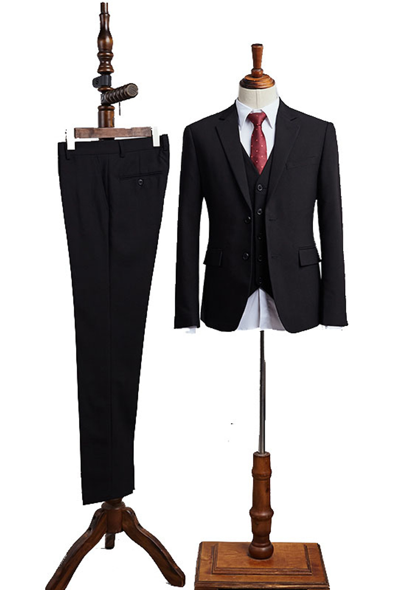 Carter Traditional All Black Three Piece Notched Lapel Slim Fit Custom Business Suit