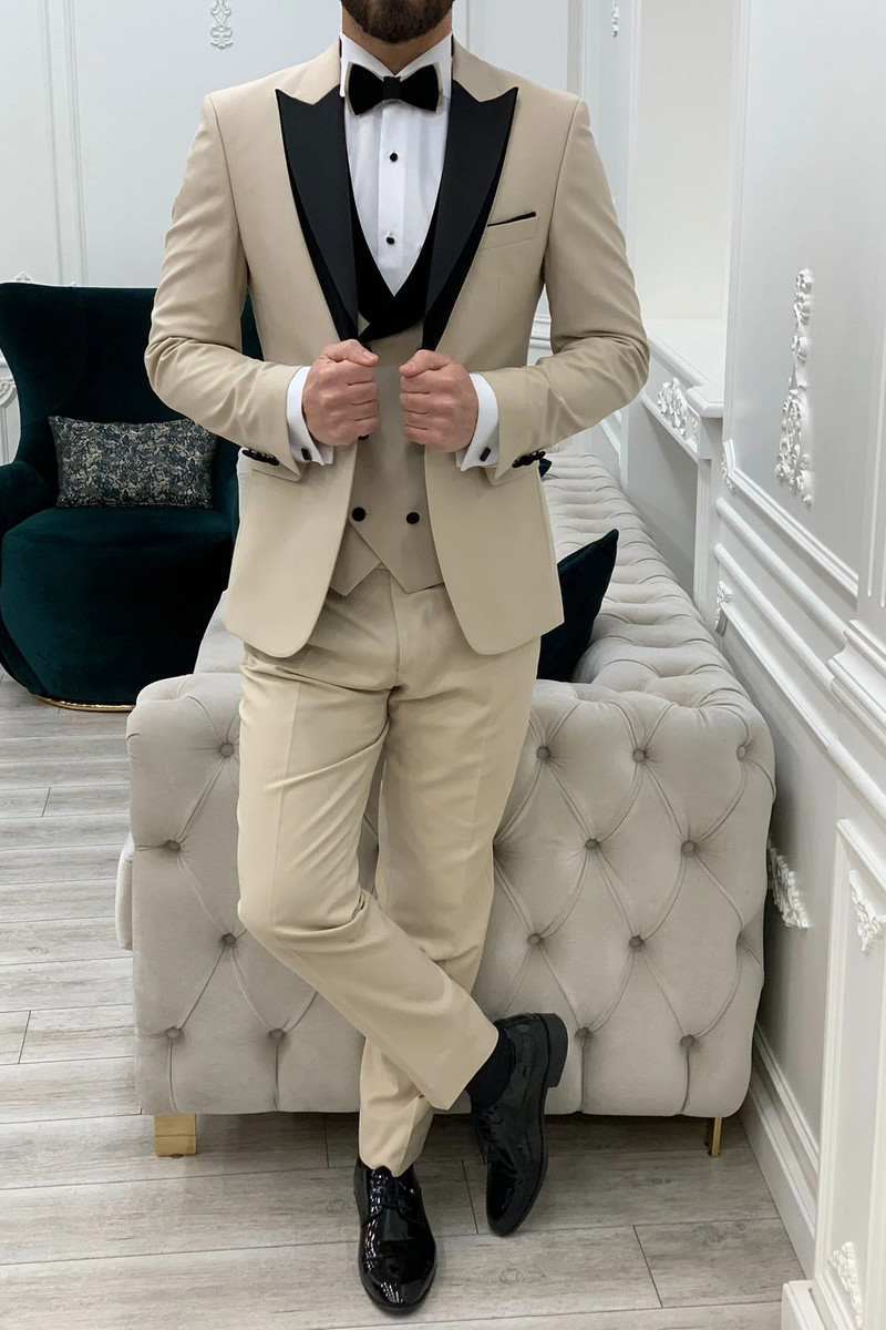 Marbel Beige Slim Fit Velvet Peak Lapel Tuxedo