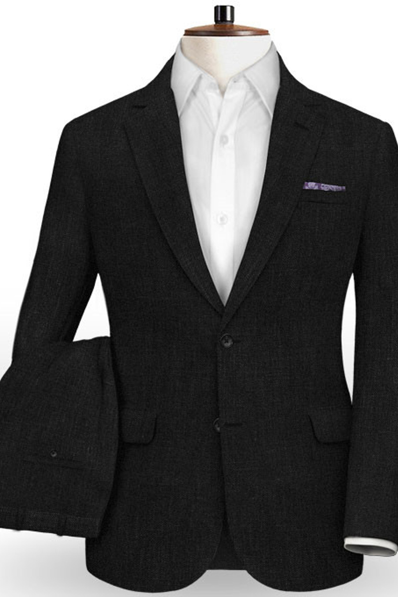 Black Summer Groom Men Suit Notch Lapel Linen Two Piece Tuxedo
