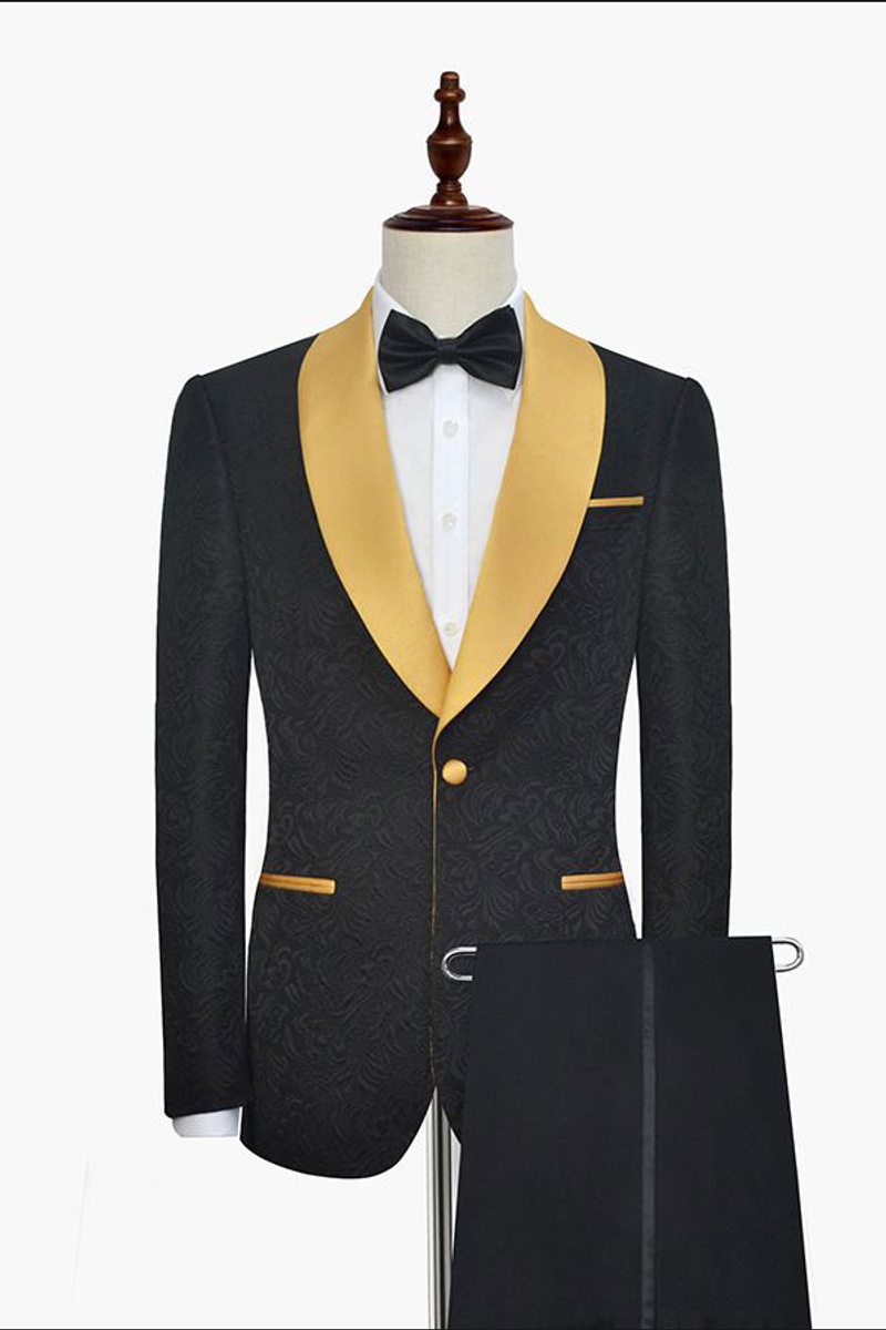 Gold Shawl Lapel One-Button Wedding Tuxedo Black Jacquard Ball Suit