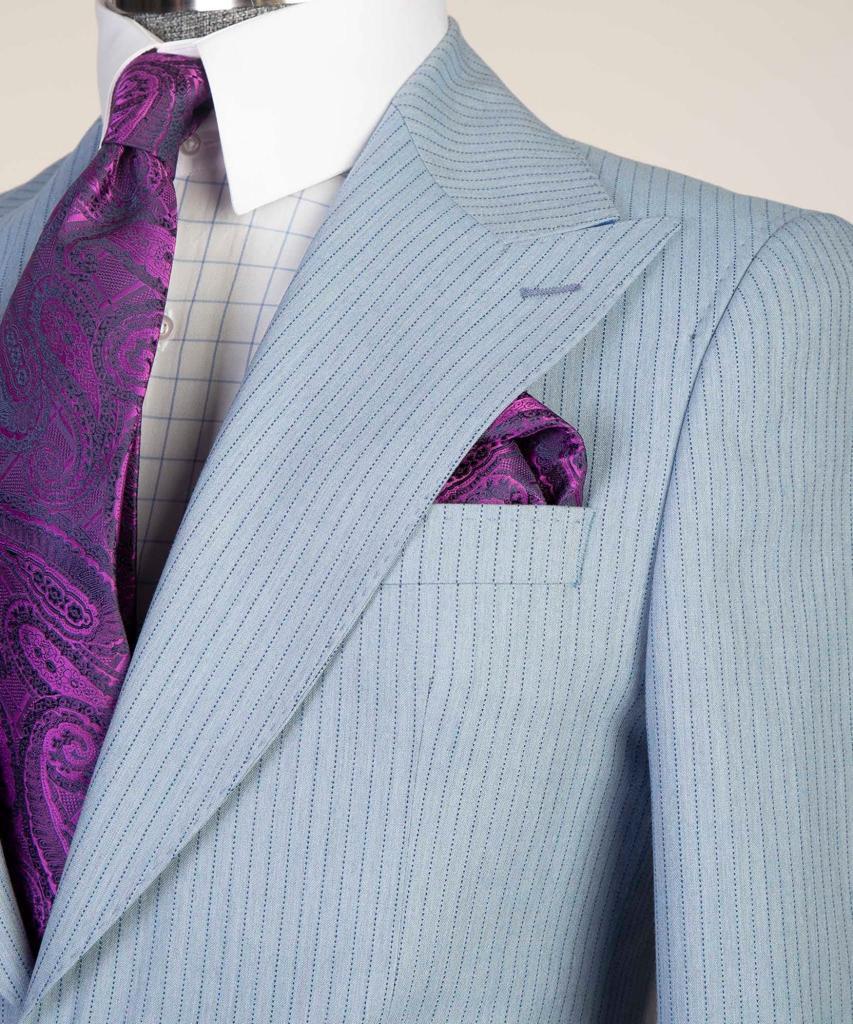 Sky Blue Striped Pointed Lapel Three-Piece Business Suit