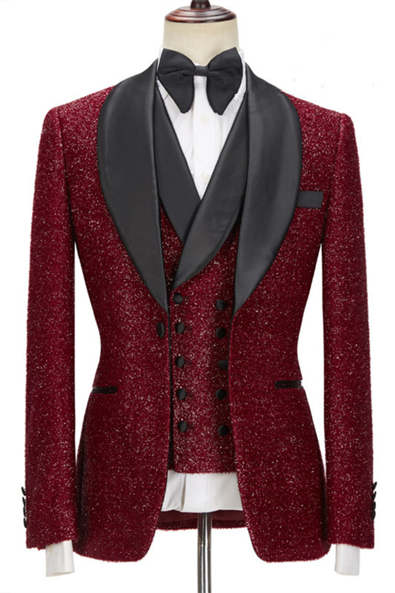 Damon Sparkle Red Three-Piece Wedding Suit with Black Shawl Lapel