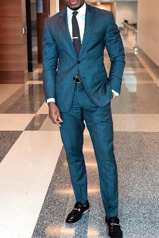 Blue Plaid Prom Suit Formal Business Two-Piece Suit