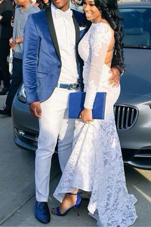 Blue Velvet Prom Suit One Button Slim Fit Men Suit